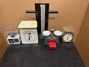 lot 75 image: Four Vintage Scales - Balance Beam Scale, Utility Scale, Health O Meter.