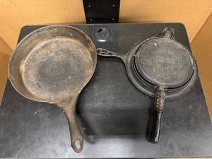lot 77 image: Vintage 11 Cast Iron Pan and Vintage Griswold Waffle Maker