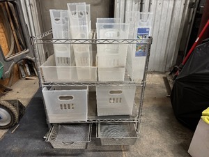 lot 21 image: Small Rolling Metro Cart with Two Bottom Drawers and Eleven Plastic Multi-Purpose Bins (Cart 25 x 15.5 x 28)