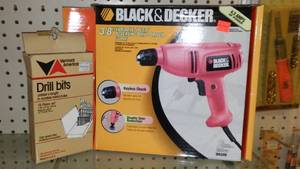 lot 169 image: Black and Decker 38 in. Variable Speed Drill and bits.