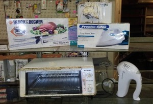 lot 114 image: Toaster Oven, Mixer, Knife, Iron.