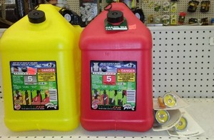 lot 417 image: 5 gal. Gas and Deisel Cans, replacement spouts (3).