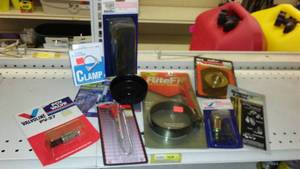 lot 463 image: Misc. Automotive Thermostat, Oil Wrench, Muffler Clamps, Anti-Freeze tester and More.