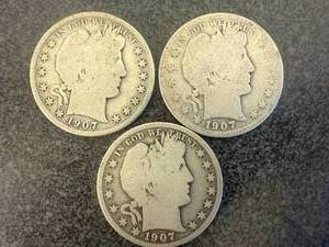 lot 13 image: 1907 Barber Half Dollars - 1 Each D,S & O