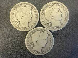 1908 O, 1909 S & 1911 Barber Half Dollars