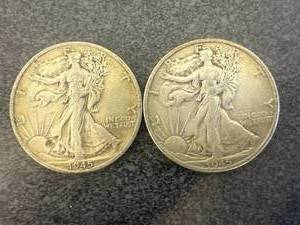 lot 16 image: 2 1945 D Walking Liberty Half Dollars