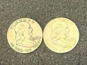 lot 33 image: 2 1957 D Franklin Half Dollars