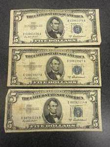 lot 75 image: 3 US Mint $5 Silver Certificates