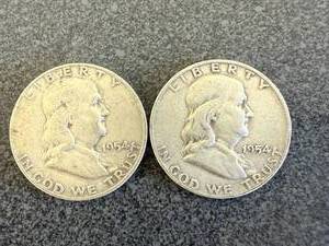 lot 91 image: 2 1954 Franklin Half Dollars