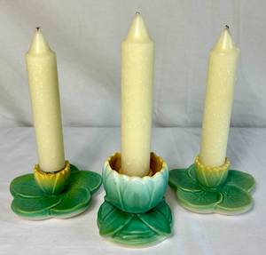 lot 38 image: Vintage Weller Pumila Lily Pad and Lotus Flower Candle Holders