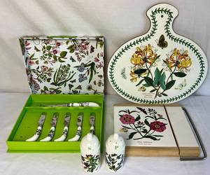 lot 67 image: Portmeirion Botanic Garden Trivet, Salt & Pepper, Cheese Slicer Board, Cheese Knife & Spreader and Melamine Chopping Board