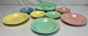 lot 117 image: Set of 7 Vintage Lu-Ray Pastels 5.25 Dessert Bowls (2 Pink, 2 Yellow, 2 Blue, 1 Green),  Set of 3 -  7.75 Bowls (1 Green, 1 Yellow, 1 Pink), and 10 Green Handled Relish Tray