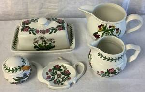 lot 70 image: Portmeirion Botanic Garden Dinnerware Pieces- Honey Pot, Butter Dish, Tea Bag Holder, Creamer Jug, and Staffordshire Jug