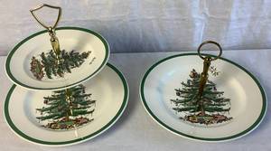 lot 77 image: Vintage Spode Christmas Tree 2 Tiered and Single Serving Tray Server