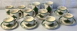 lot 76 image: Vintage Spode Christmas Tree 6 Saucers and Teacups, 14 oz Mugs and 4 Tom & Jerry Mugs S 3324-A1