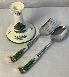 lot 92 image: Vintage Spode Christmas Salad Servers and Candlestick Holder