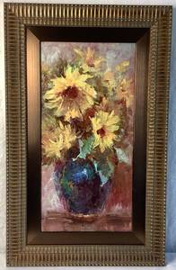 lot 5 image: Framed Original Painting - Sunflower In Vase with Ornate Gold-Toned Frame
