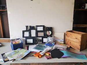 lot 7 image: Scrapbook Lot with Various colors of paper, Stickers, Stencils and more with Picture Frame Scissors Vintage Wood Box WOW