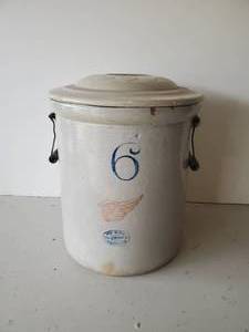 lot 8 image: Gorgeous Red Wing Union Stoneware Co. Crock #6 w Lid  Beautiful With Wood Handles