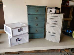 lot 30 image: Drawer Lot One Wooden Vintage Dresser with Great Blue Color The others are a sturdy Plastic