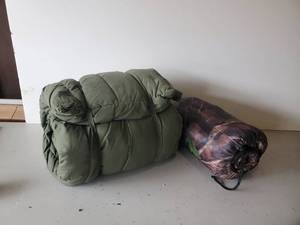 lot 31 image: True vintage Military Sleeping Bag and Camo Sleeping  Bag  Military Bag is Marked