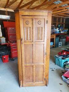 lot 36 image: Tall Vintage Cabinet Clothing Wardrobe Beautiful Detail Solid Condition. NOTICE Buyer is responsible for Loading and Removal  