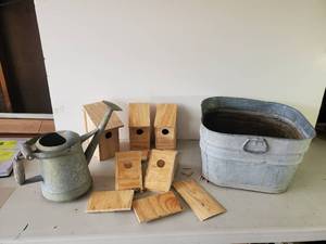 lot 37 image: Wooden Birdhouses for Crafts, Metal Watering Can, and Metal Washtub