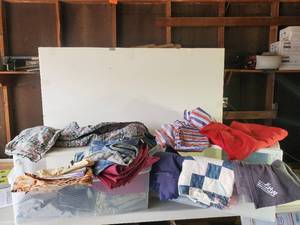 lot 38 image: 2 Plastic Drawers with Beautiful Handmade Quilts Sheets and other Bedding