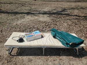 lot 45 image: Folding Cot with cushion 2 Air Matresses, Coleman & Embark, One still in Box also comes with Electric Air Pump