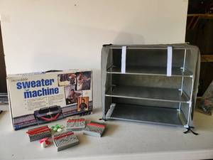 lot 52 image: Vintage Sweater Machine with all Parts and some Extras with shoeClolthing Cart