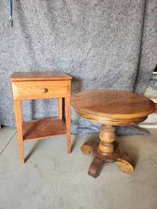 lot 57 image: Side Tables one Round one Square with Drawer solid Condition NOTICE Buyer is responsible for Loading and Removal 