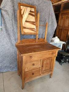 lot 62 image: Gorgeous Antique Commode Bedroom Vanity with Swivel Mirror its from the Old Jordan Hotel in Jordan,Mn.NOTICE Buyer is responsible for Loading and Removal 
