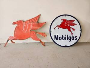 lot 69 image: WOW RARE True Vintage Pegasus Solid Metal Sign and Mobilgas Sign