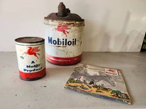 lot 72 image: RARE Super Cool Mobiloil Cans and AWESOME 1955 Mobilgas Calander