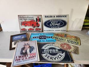 lot 80 image: Lot of various metal Signs Ford, Fire Rescue, Chevy, and more