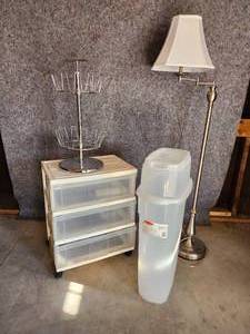 lot 84 image: Plastic Drawers Shoe Caddy Lamp and Wrapping Paper Holder
