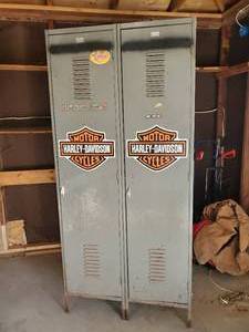 lot 91 image: Large Connected Lockers with Harley Davidson Magnets Good Solid Preowned Condition - Sturdy NOTICE Buyer is responsible for Loading and Removal 