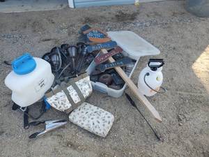 lot 92 image: Large Lot of Garden Accecories Sprayers, Solar Lights Sheeres Weed Puller and much more