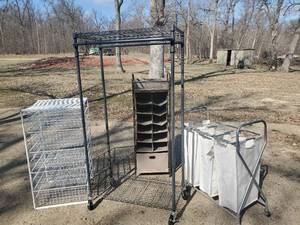 lot 96 image: Storage organizer lot  Metal Basket Storage with Slide out Drawers, Shoe Cubby, Clothing Rack, and Dirty laundry organizer