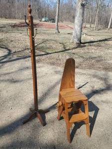 lot 105 image: Wooden Oak Coat Rack and Transitional Ironing Board,  Folds from Chair to Step Stool to Ironing Board