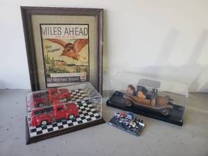lot 108 image: Framed Miles Ahead Mobil Gas Advertising, Fire Truck in Case, Wooden hand Carved Car in Case, and Rusty #2 Race Car