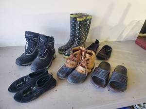 lot 109 image: Lot of Womens shoes, Boots Water Shoes Rubber Garden Boots..Columbia-Bodygolve-Athletic Works and Others