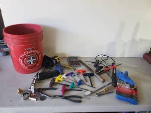lot 115 image: Lot of Various Tools  T-Handle Hex Wrenches Microfiber Towels, Snips and so much more all in a 5Gal Firehouse Subs Bucket