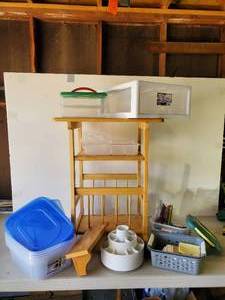 lot 137 image: Household Lot Wooden Side TableMagazine Holder, Plastic containers with lids never used, Paper and more