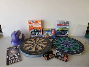lot 139 image: Sports Lot Never Used Retired MN State Flag  2 Good ol Fashion Dart Boards with Darts, Vikings Hard Hat, Vintage World Champ Wheaties Box and More