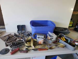 lot 146 image: Various Lot of Misc Tools,  Hammers, Sockets, Drill Bits Comes with Plastic Tub