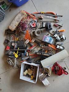 lot 149 image: LARGE Lot of Misc Caster Wheels, Scrappers, Gloves, Drain Snake, heavy duty Tie Downs and more