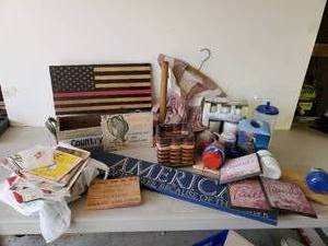 lot 152 image: Household Dcor Lot Wooden Carved Flag, Vintage DressClothes pin Bag, Lots of unused Greeting Cards and much more