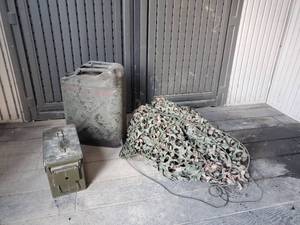 lot 157 image: Military Lot Jeep Gas Tank, Camo blind, Ammo box