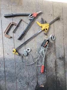 lot 166 image: Big Red Cable Puller Craftsman Clamp Snips and other Various Tools